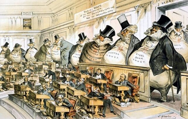 Bosses of the Senate, published in Puck on January 23, 1889, illustrates the overwhelming influence of monopolists over the U.S. Senate during the Gilded Age. The cartoon depicts powerful businessmen towering over senators, symbolizing corporate dominance in politics. By Joseph Keppler via Wikimedia Commons https://commons.wikimedia.org/wiki/File:Bosses_of_the_Senate.jpg#Licensing