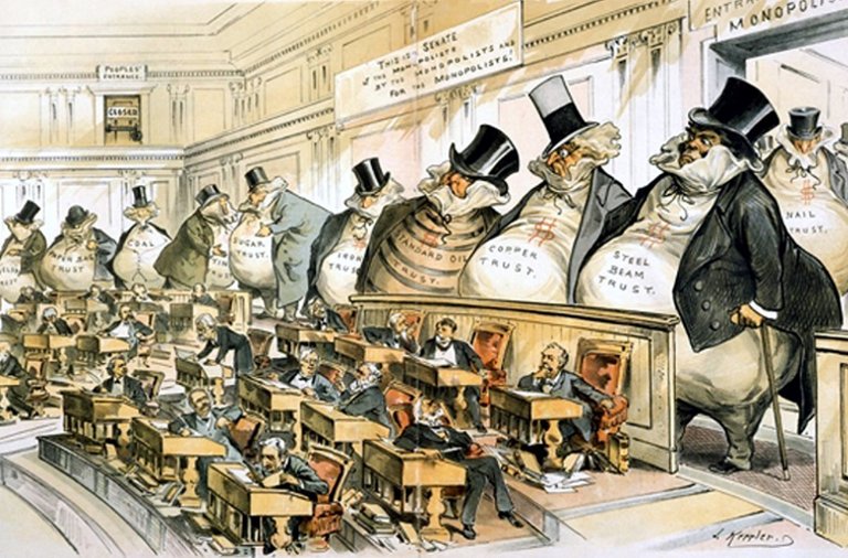 Bosses of the Senate, published in Puck on January 23, 1889, illustrates the overwhelming influence of monopolists over the U.S. Senate during the Gilded Age. The cartoon depicts powerful businessmen towering over senators, symbolizing corporate dominance in politics. By Joseph Keppler via Wikimedia Commons https://commons.wikimedia.org/wiki/File:Bosses_of_the_Senate.jpg#Licensing